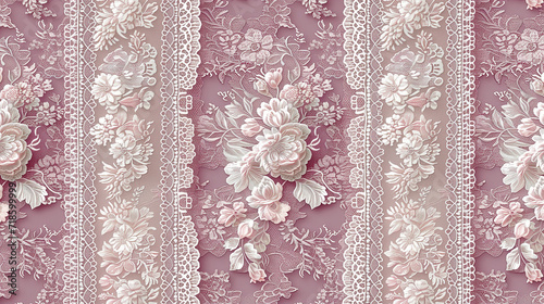 Bandes de dentelle de Calais aux motifs variés sur fond rose, inspiration baroque et Renaissance, seamless pattern