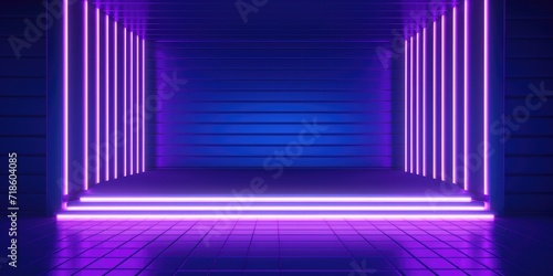 Blue purple digital hologram of podium line vertical neon lamps abstract futuristic