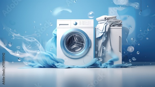 A sleek washing machine positioned in a pristine room, enhanced with a futuristic heads-up display HUD , surrounded by flying clothes, designed as a wide banner with ample copy space.