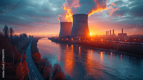 Aerial view of nuclear power plant at sunset