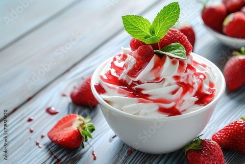 Strawberry sauce atop whipped cream