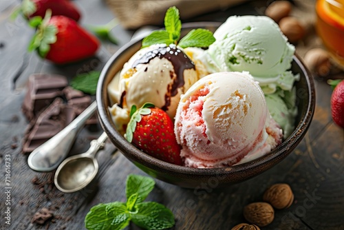 Ice cream with hazelnut mint chocolate orange and strawberry bits