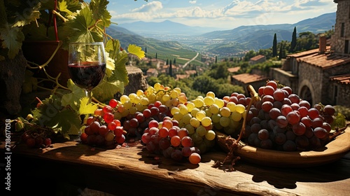 A glass of white wine with vineyard views and a platter of grapes, evoking a sense of place.