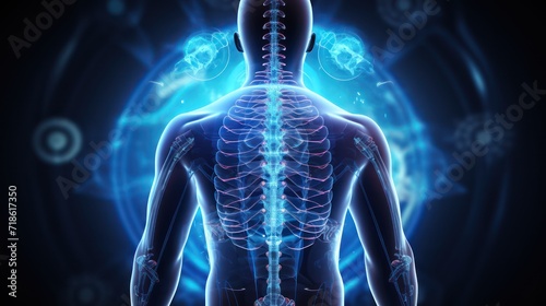 futuristic medical research of back spine back, spine, herniated disk pain health care with diagnosis vitals infographic biometrics for clinical and hospital x-ray and chiropractic treatment services