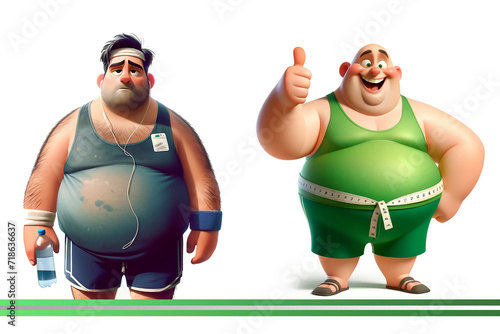 Fitness Journey: Overweight Man's Workout Transformation, Tired vs Happy Fat Man Illustration, Happy Fat Man's Successful Workout, Cartoon Fitness Progress: Unhappy vs Happy Fat Man