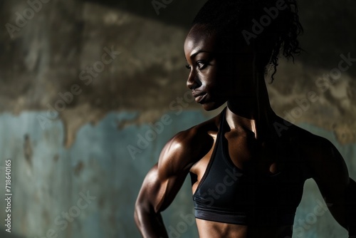 Silhouette of a fit woman with defined muscles in a gym, dramatic lighting.