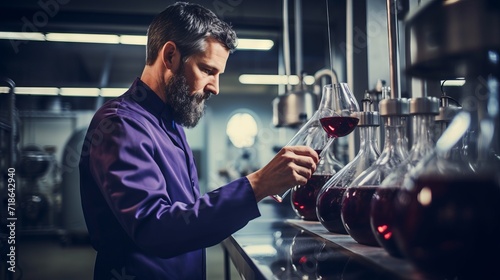A male employee of a winemaker pours wine into bottles, checks the quality at a modern winery. Industrial production at the winery.