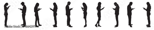 Set of people silhouettes on a transparent isolated background. Young people use gadgets, phones, smartphones.