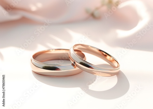 A pair of luxurious and elegant gold rings with flower decorations on the side with light shining from the outside. generative AI