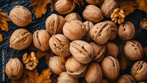Background with walnuts nuts. Top view of nuts