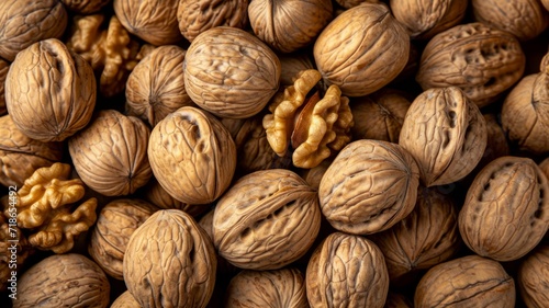 Background with walnuts nuts. Top view of nuts