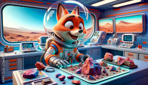Vibrant and Playful Science with a Fox Astronaut in a High-Tech Mars Lab - Exploring an Alien World with Panache