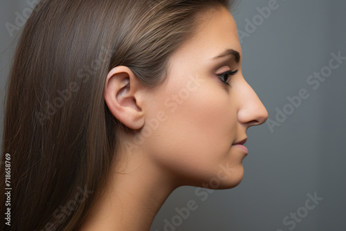 Side view of young woman with bumpy aquiline nose in front of gray background