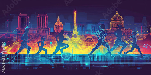 light bright saturated nona modern abstract illusstration with free space for text Step into the future at Paris 2024! A vibrant fusion unfolds: Parisian landmarks entwine with athletes in dynamic pos