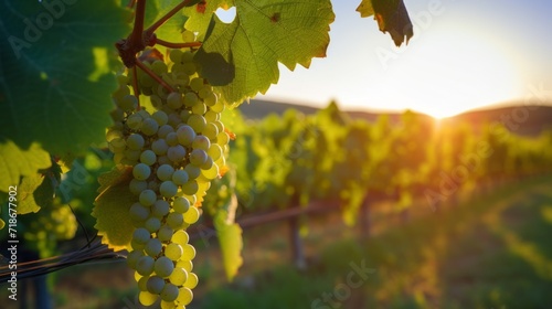 Close-up of a bunch of white grapes between grape leaves in a vineyard at sunset. Autumn harvest, Winery concept. Copy Space.
