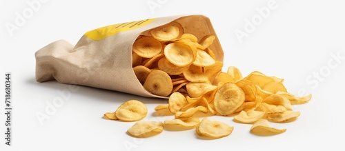 Banana chips. Fruit yellow food. Packaging of snacks. Bundles of chip fly. Delicacy for vegetarians