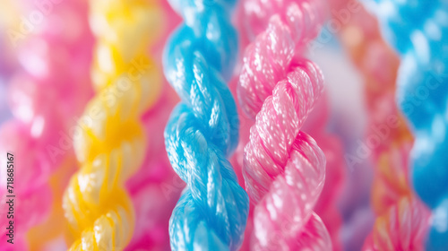 Close-up of colorful twisted ropes in a pattern.