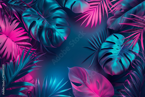 background with tropical leaves and neon light