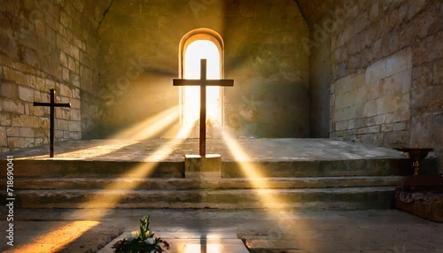 Cross in a chapel or church on the theme of Easter Jesus rebirth