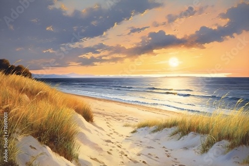 Beautiful sunset on the beach, Seascape with sand dunes