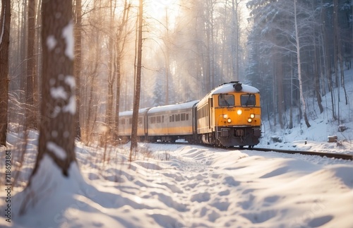 Train passing through forest on bright snow forest