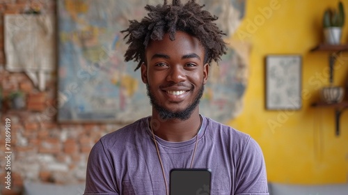Explore a lifestyle moment as a smiling young man, donned in a purple t-shirt, proudly exhibits a smartphone with a big blank screen and gives a thumbs-up on a plain yellow background.