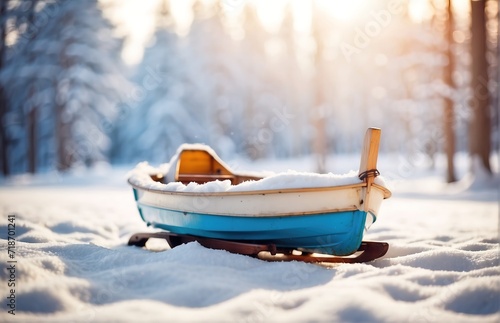 Snowboat on bright snow forest sunshine background
