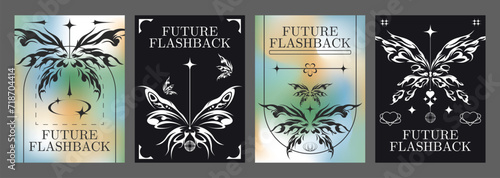 Y2k style boho aesthetic banners set. Vector realistic illustration of retrowave posters with elegant floral decoration on color gradient and black background, retro futuristic flashback vibe flyers