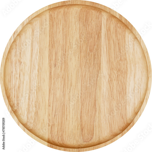 Empty round wooden plate. Top view image. 