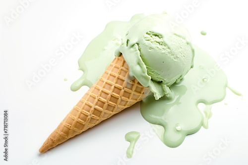 Delicious creamy green pistachio ice cream cone isolated on a white background