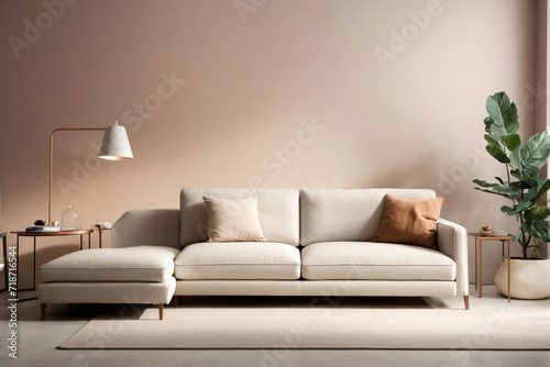Modern living room simple interior design with fabric sofa and cushions