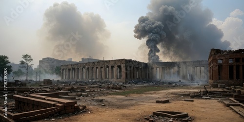 Smoke billows over the remains of a city, where once-sturdy pillars stand amidst scattered bricks and a hazy dawn.