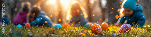 Colorful Easter eggs on grass with children in the background. Outdoor Easter egg hunt concept with copy space. Springtime holidays design for greeting card, postcard 