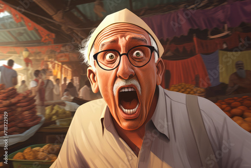  Illustration of an old Indian man with a face twisted in repulsion reacting to a bad odor in an outdoor market