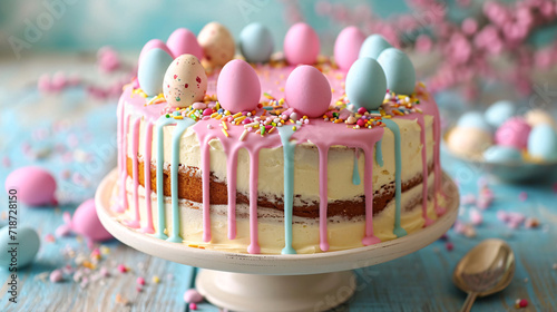 Pastel Easter sponge cake with dripping icing and candy eggs. Springtime baking and dessert concept for poster and recipe design 