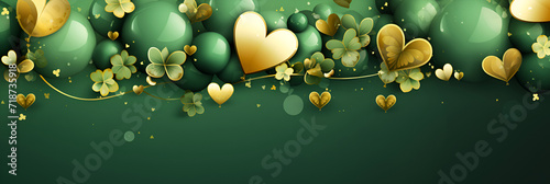 St. Patrick's Day card with Irish colored balloons on a green background, confetti and clover with gold coins, space for text. Banner.