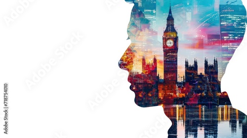 Double exposure photography of business man and the beautiful London city, business, professional, suit, office, thinking, executive, corporate, lifestyle, creative, smart, finance, job, future.