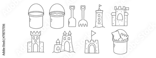 Hand drawn sand bucket, castle and scoop tool