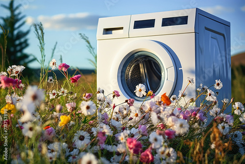 Spring freshness and the smell of washed laundry, a white washing machine in a meadow full of fresh spring flowers, laundry detergent and fabric softener.