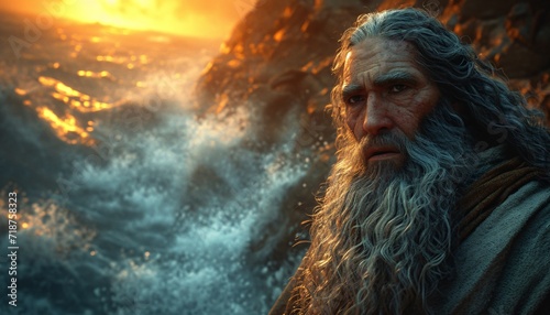 Grizzled Wizard Watches the Ocean's Waves Crash Generative AI
