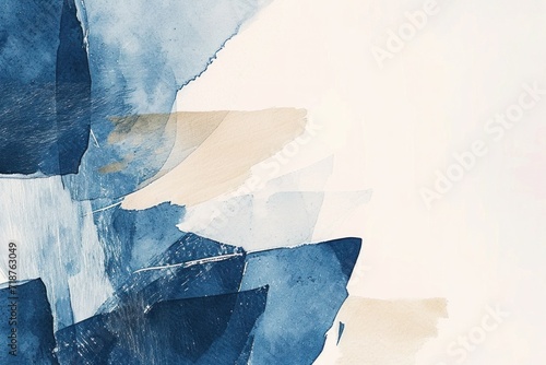 Abstract indigo and beige watercolor painting showcasing minimalist nordic shapes with serene brushwork.., blue background
