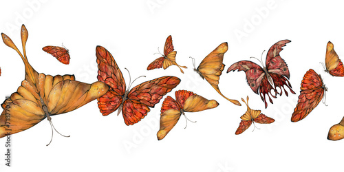 Hand drawn watercolor illustration butterfly fairy wings gem crystal insect moth. Amber garnet sunstone agate ruby. Seamless border isolated on white background. Design print, shop, wedding, birthday