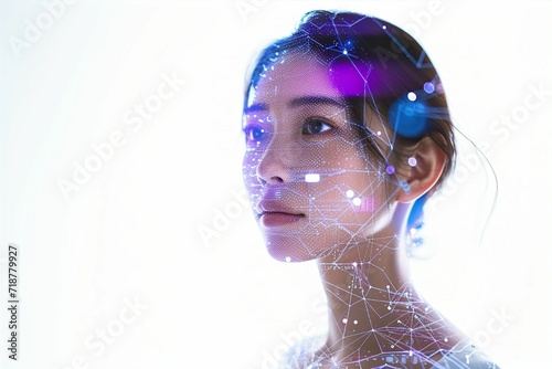 デジタルと融合した日本人女性のイメージ（白背景・メタバース・アバター・VR・AR）