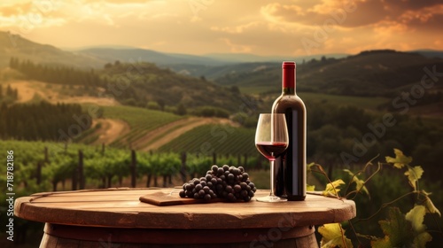 A composition of a bottle and a glass of red wine, a bunch of grapes on a wooden table against the background of a vineyard at sunset. Alcoholic beverages, wine market, agricultural production concept