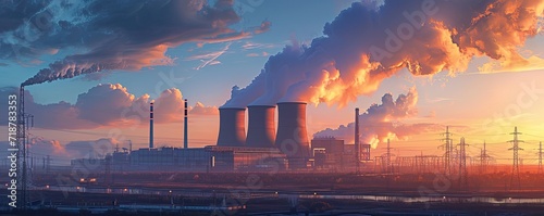 The image depicts factory emissions releasing smoke, highlighting the environmental impact and air pollution.