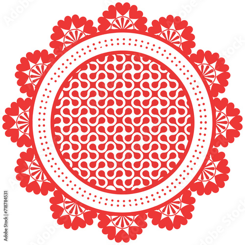 red and white floral ornament. a red and white doily on a transparent background