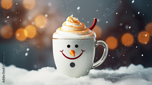 Cup of coffee or hot chocolate with snowman on it. Winter cozy hot drink with milk foam. Holiday background with copy space. Christmas and New Year time.