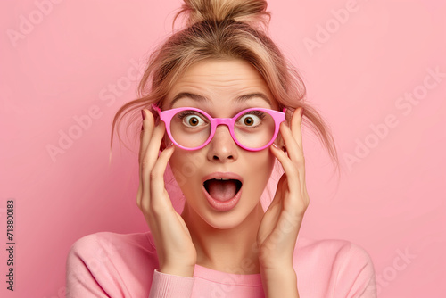 Surprised Young Woman with Pink Glasses