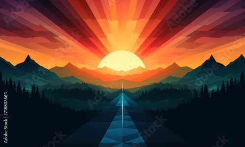 A surrealistic background with mountains and a road to success. Wallpaper with a beautiful sunset, generative AI
