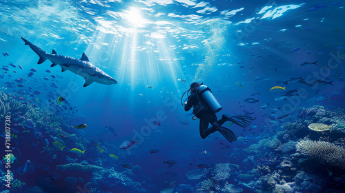 Scuba Diver and Shark in Sunlit Underwater Reef